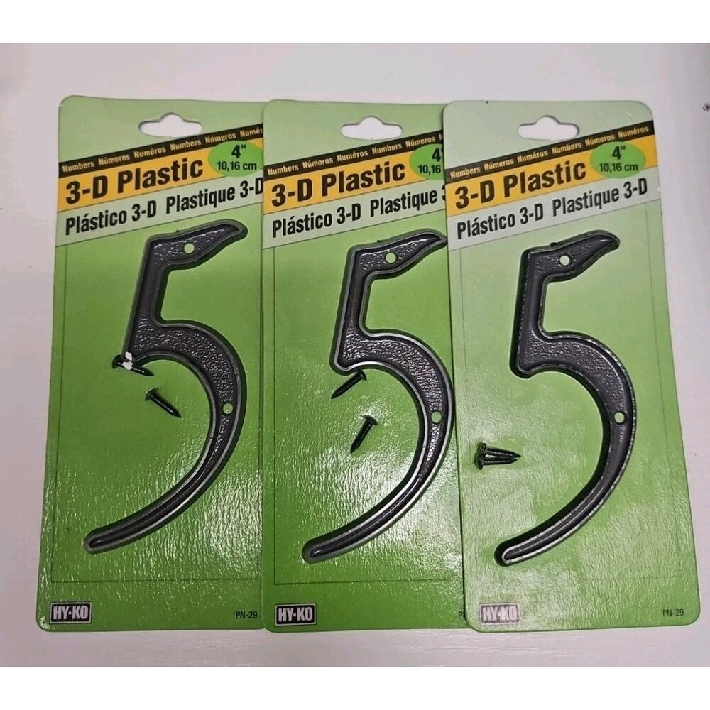 3 Pk Hy-Ko 4" House Number 5 / five Plastic Black w Screws PN-29